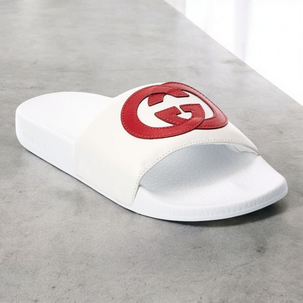 GUCCI INTERLOCKING G LEATHER SLIDES WHITE SIZE EU 38